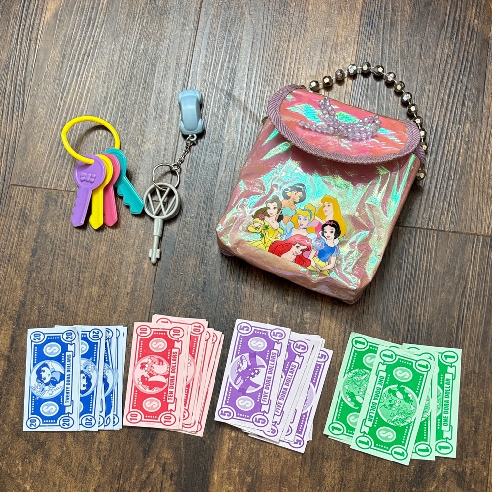 Disney Princess Purse w Play Money Dora Dollars & Toy Keys Kids Lot
